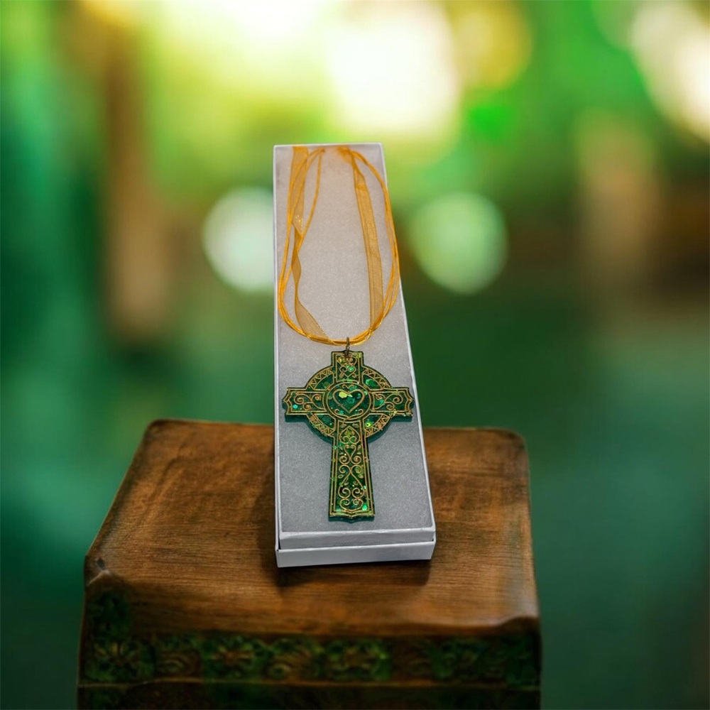 Hand Crafted Green and Gold Lace Cross Pendant